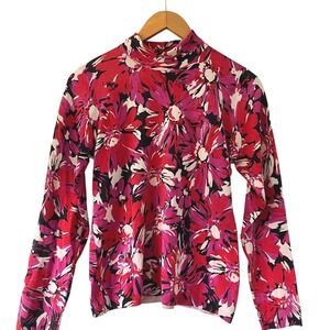 Silk Floral Long Sleeve Turtleneck Top - Red, Pink, Cream and Black sz L